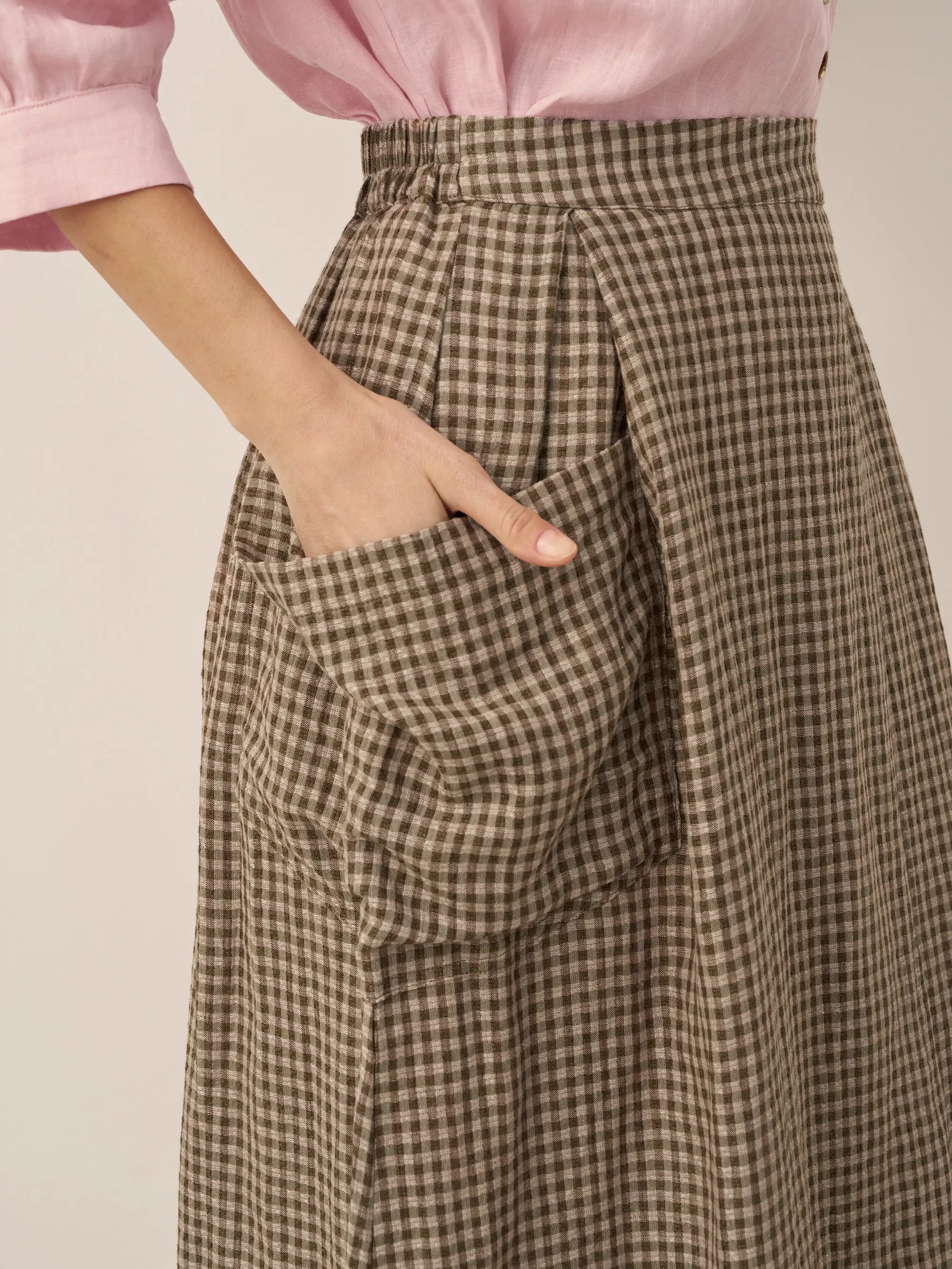 Linen Checked Elastic Waist Skirt MARINA LINTICO
