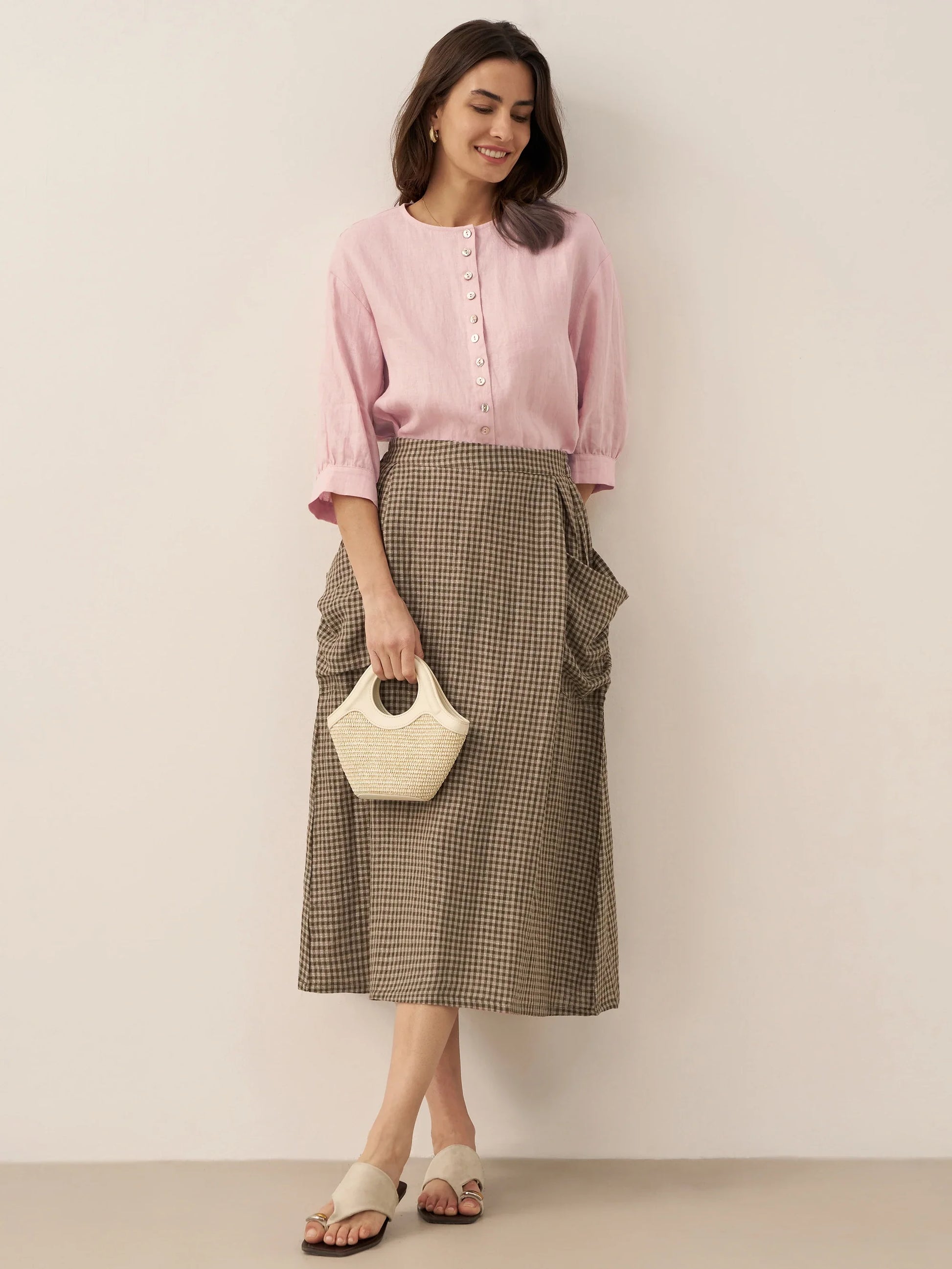 Linen Checked Elastic Waist Skirt MARINA LINTICO