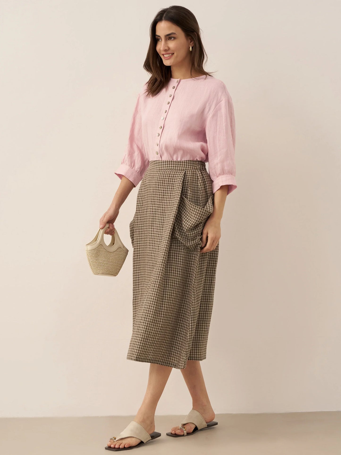 Linen Checked Elastic Waist Skirt MARINA LINTICO