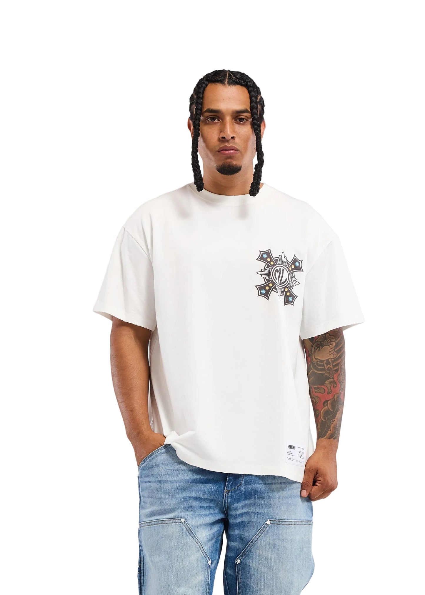 Memory Lane Cross Tee - White Denim Exchange