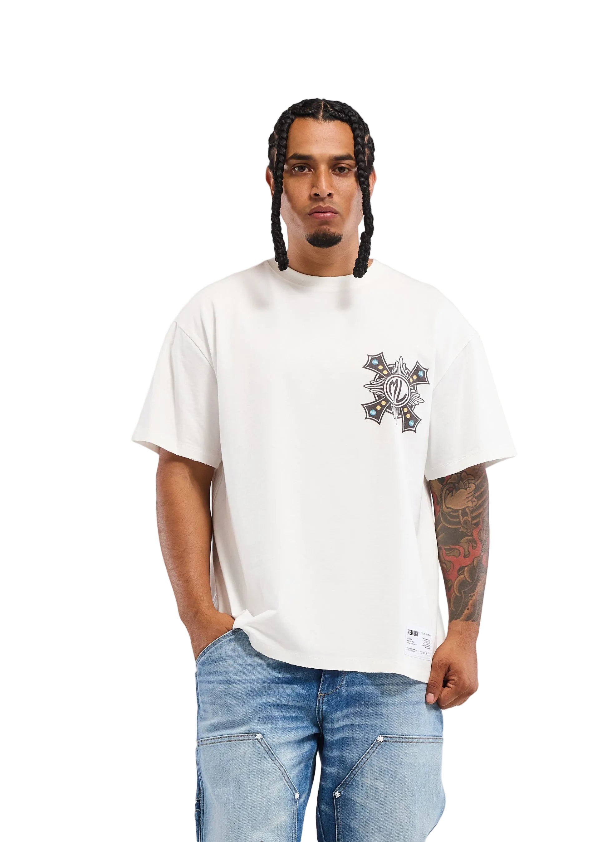 Memory Lane Cross Tee - White Denim Exchange