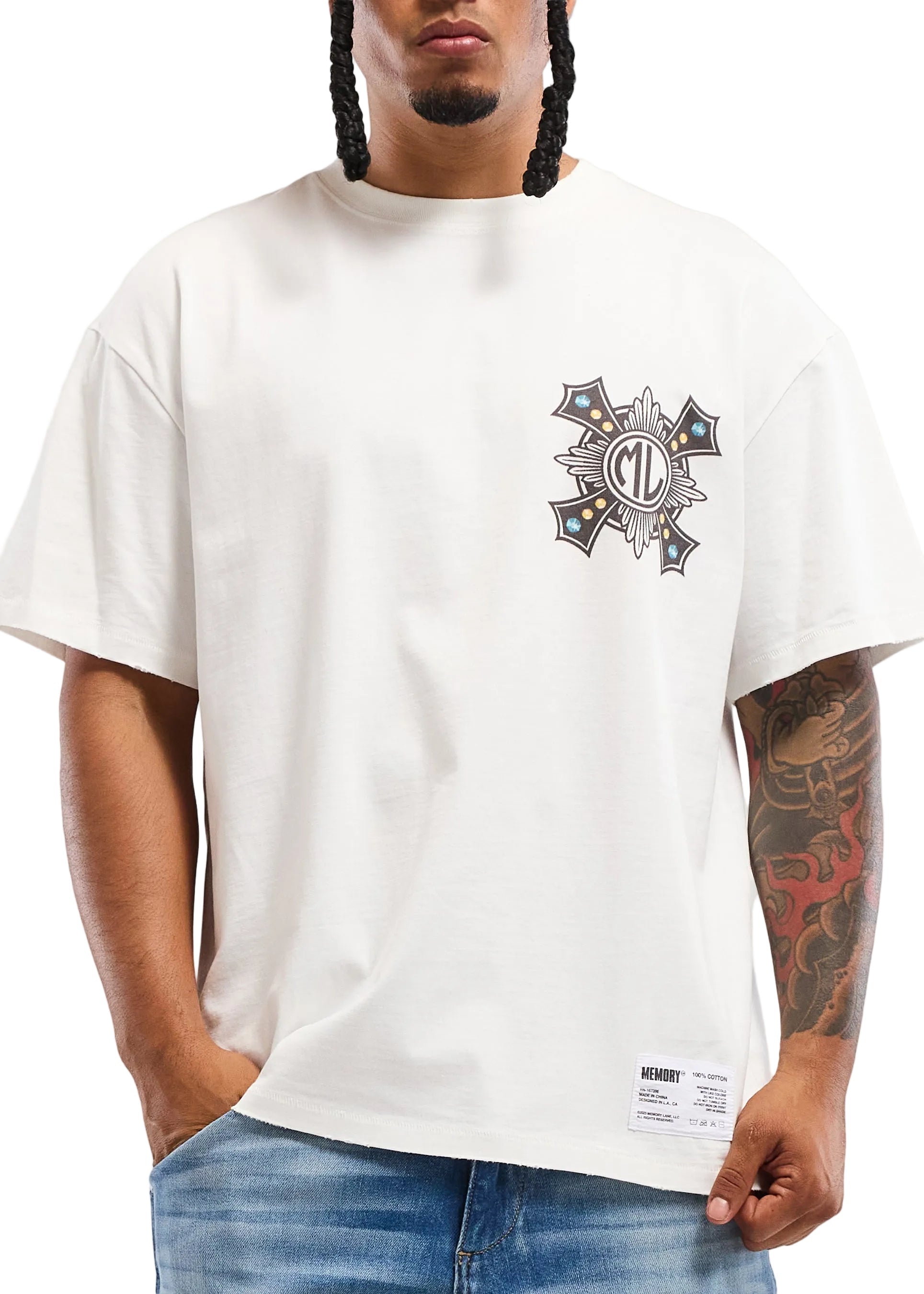 Memory Lane Cross Tee - White Denim Exchange