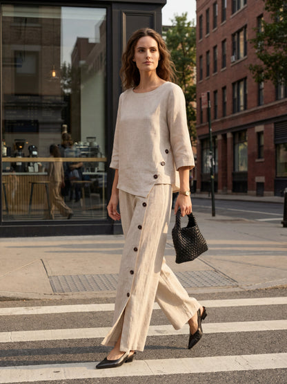 100% Linen Asymmetric-Hem Button-Trim Top NYLA LINTICO