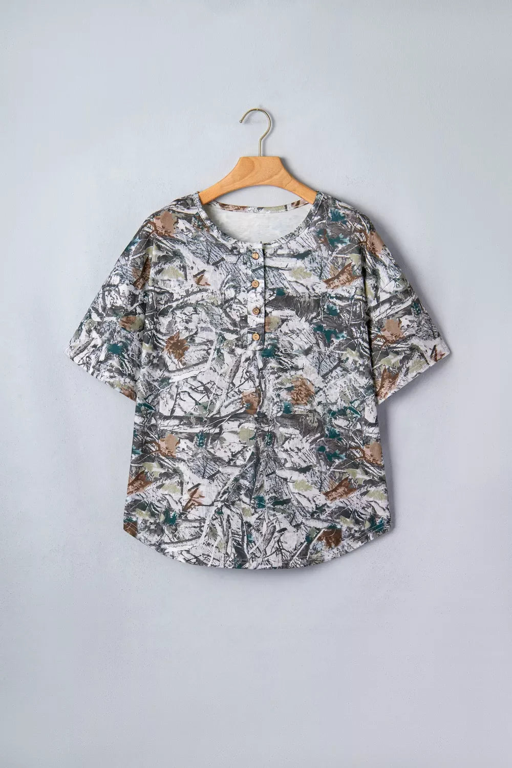 Abstract Woodland Print Tunic Henley T Shirt New Era Fashion LLc