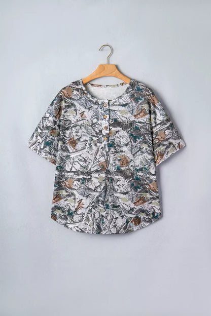 Abstract Woodland Print Tunic Henley T Shirt New Era Fashion LLc