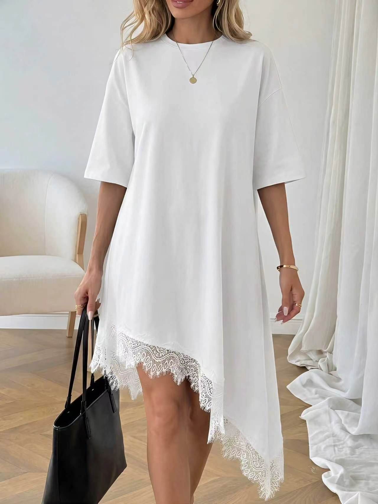 Women's Lace Trim Asymmetric Three-Quarter Sleeve Dress FitiqueFit