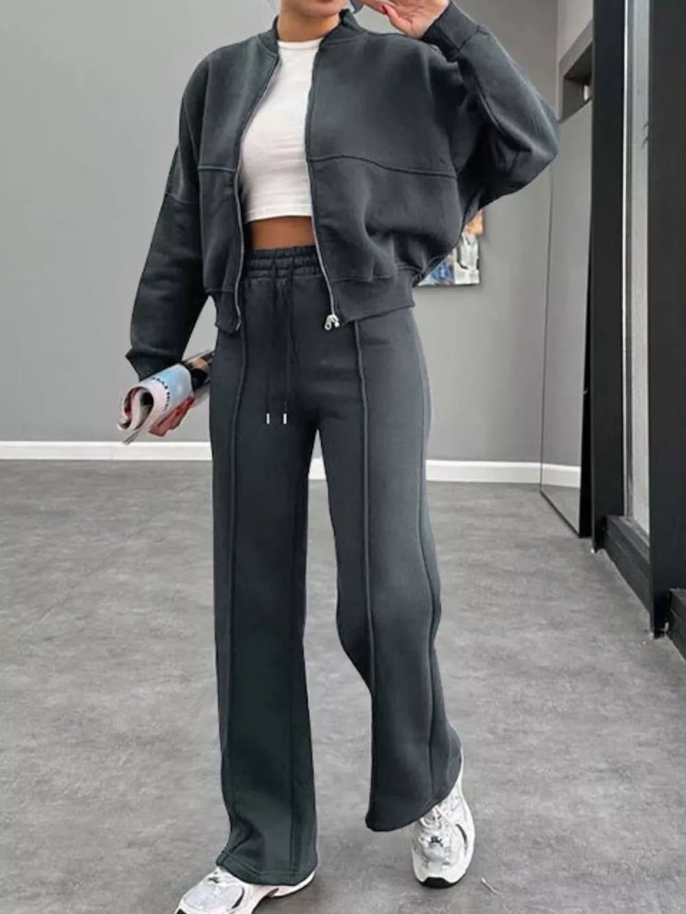 Baseball Collar Zip Up Outerwear and Drawstring Pants Set New Era Fashion LLc