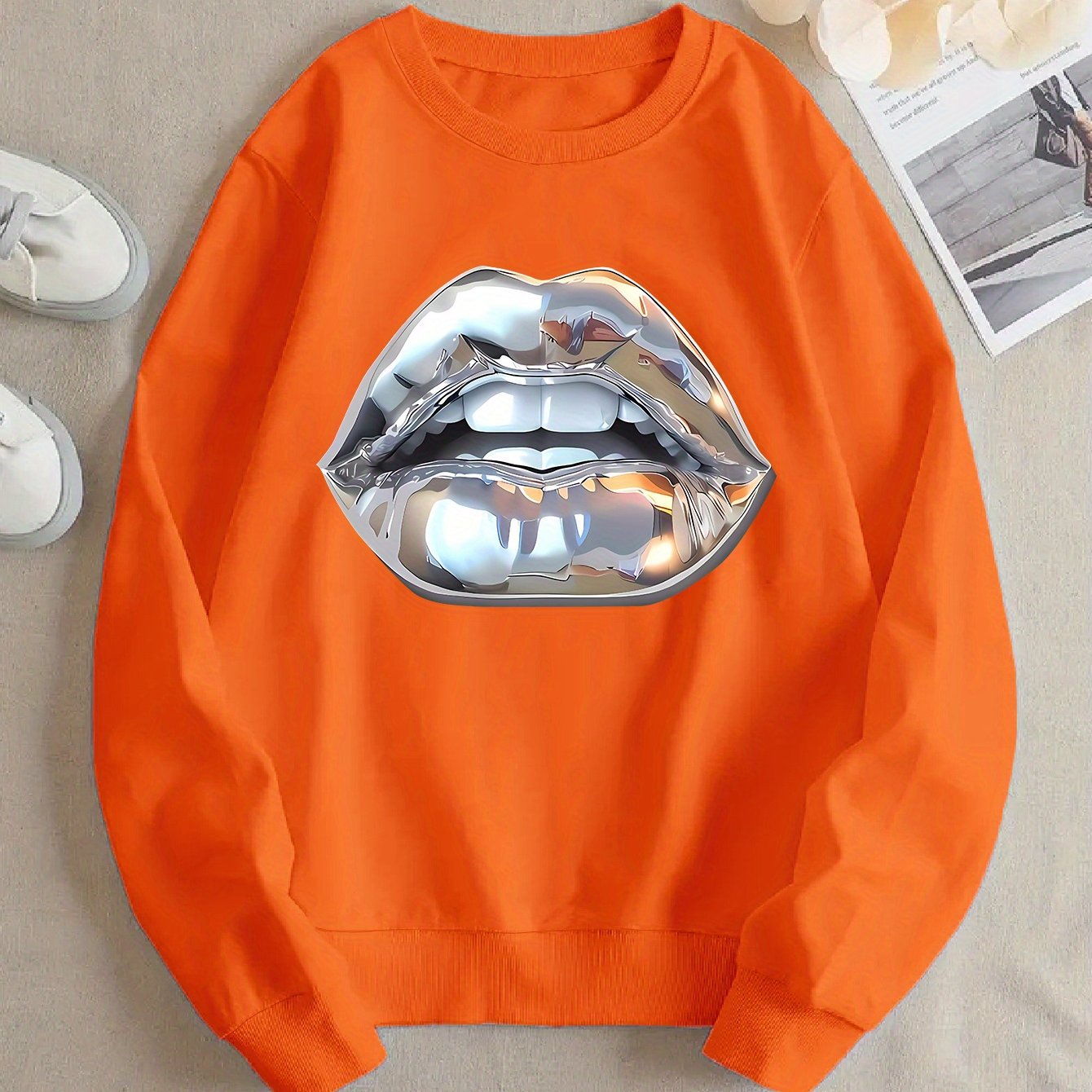 Womens Cartoon Silver Lip-Printed Sweatshirt See size chart under “more details” The Fashion Celestial
