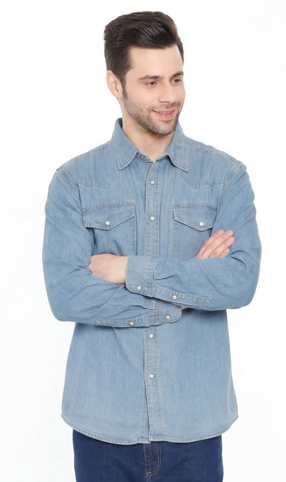 Mens Western Snap Front Button Shirt in Denim and Twill with a Stitched Yoke and Chest Pockets TURTLE BAY APPAREL