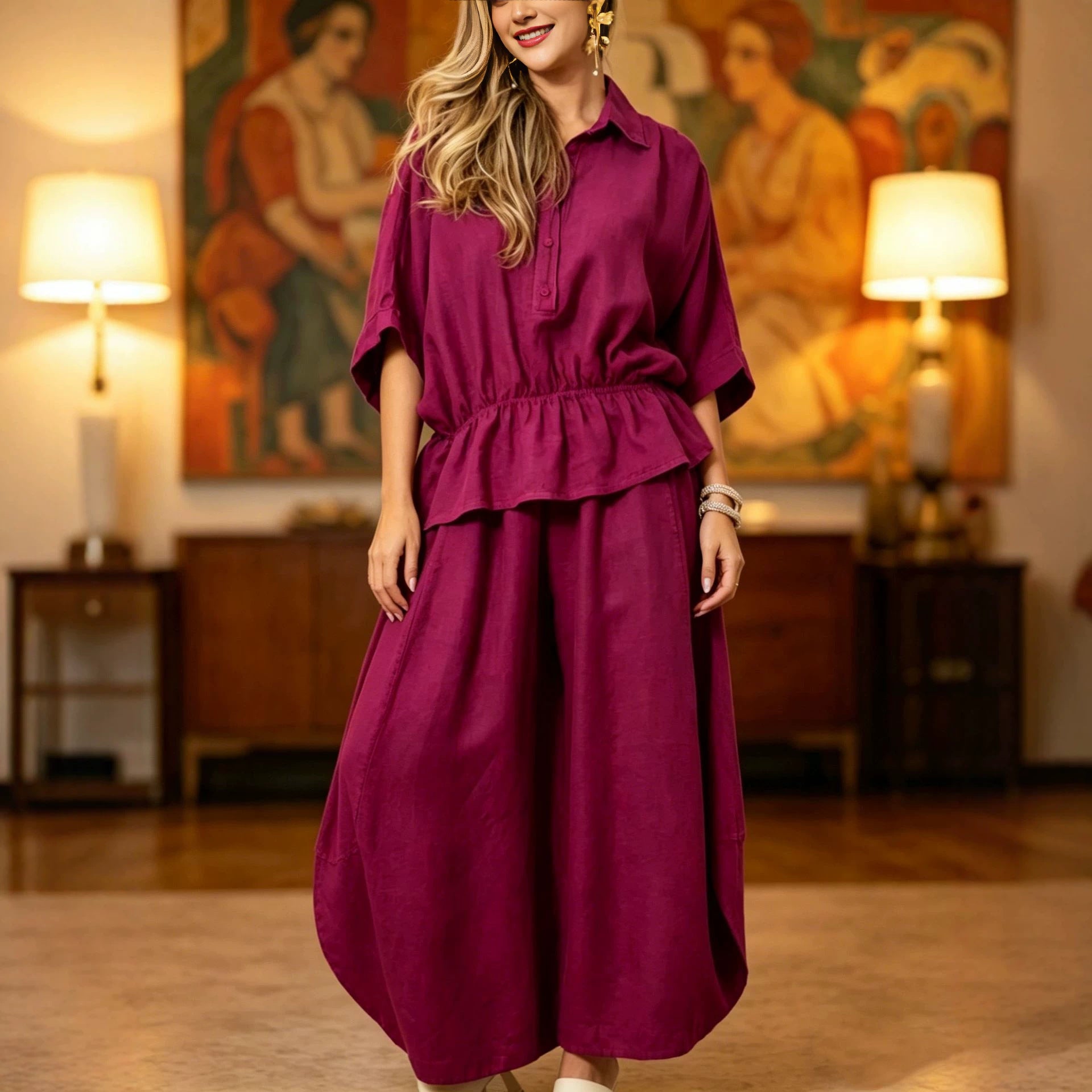 Women's Plus Size Belted Shirt & Wide-Leg Pants Two-Piece Set FitiqueFit