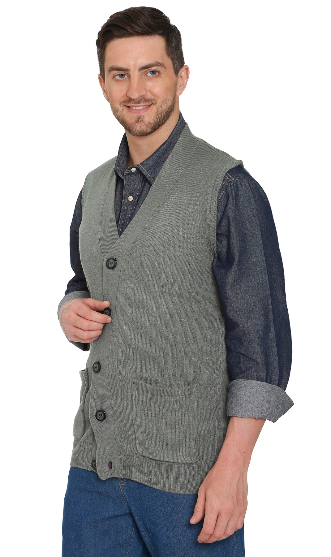 Men's Cashmere-Like Button Front Flat Knit Sweater Vest with front patch pockets