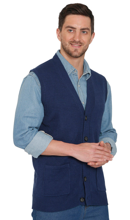 Men's Cashmere-Like Button Front Flat Knit Sweater Vest with front patch pockets