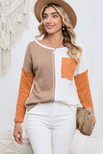 Cable knit color block round neck sweater Shop Style & More | Fresh Looks, Everyday Deals & Free Shipping
