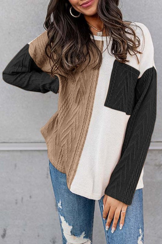 Cable knit color block round neck sweater Shop Style & More | Fresh Looks, Everyday Deals & Free Shipping
