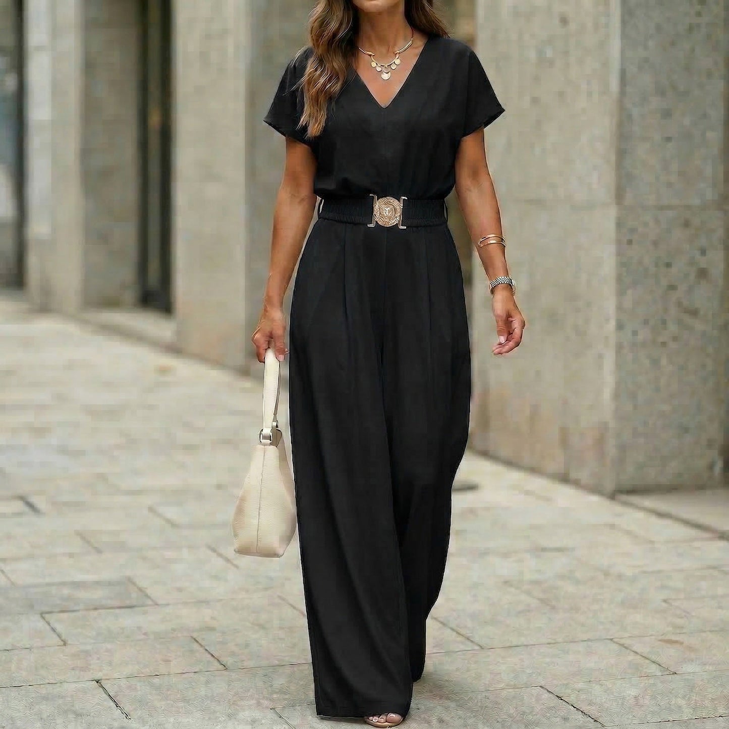 Women's V-Neck Belted Wide-Leg Jumpsuit FitiqueFit