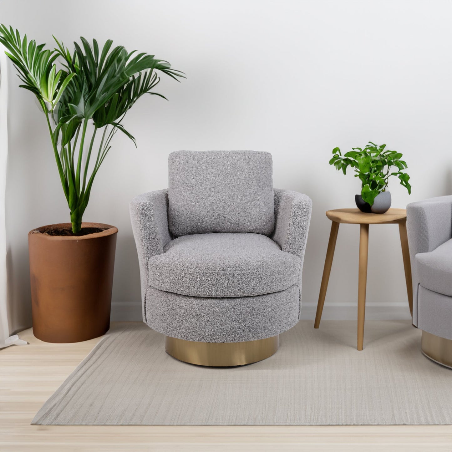 Teddy Rotating Bucket Chair Rotating Emphasis Chair Living Room Armchair Gold Stainless Steel Base Round Bucket Chair (Gray) V.I.P Digital Presence