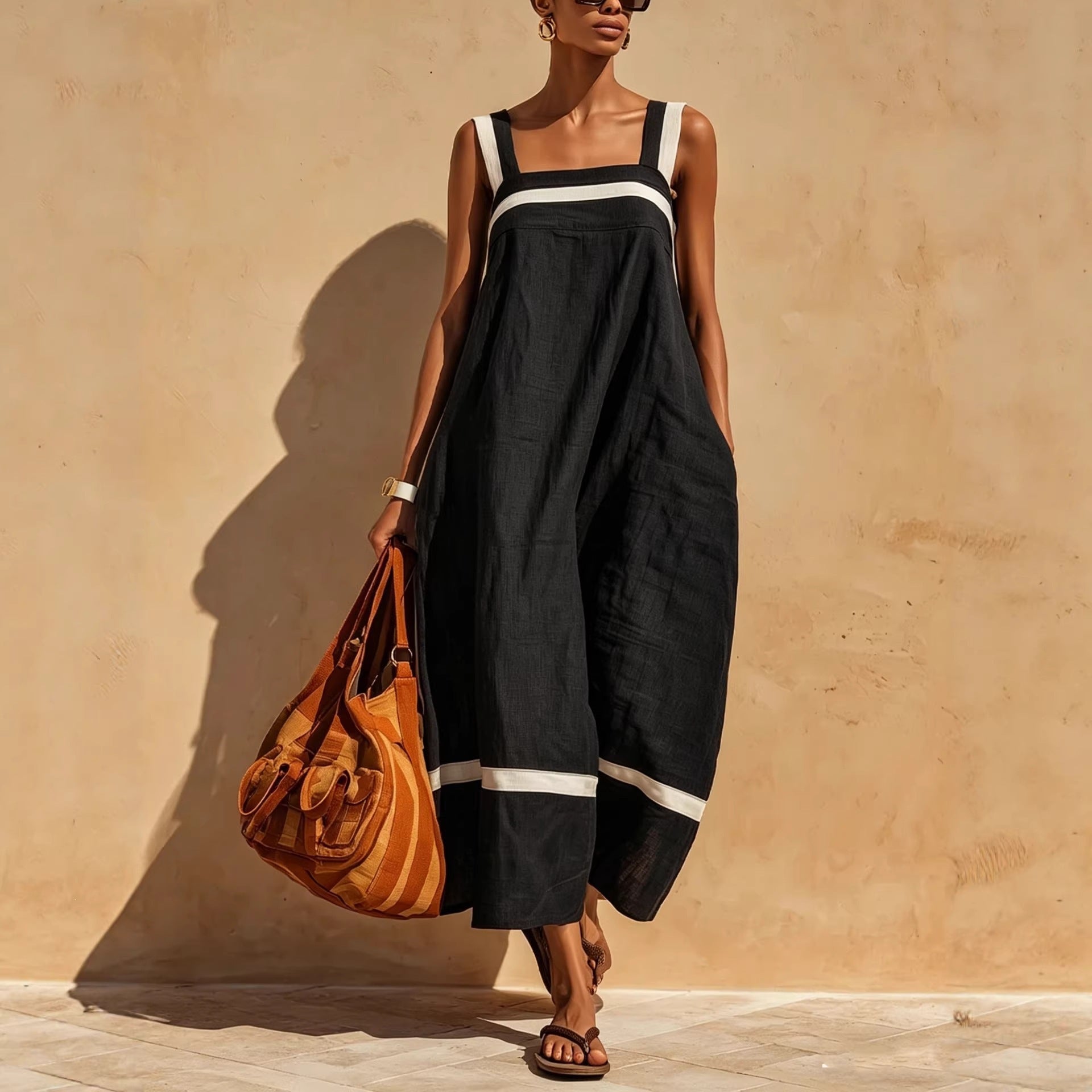 Women's Contrast Strap Casual Loose Midi Dress – Linen Blend FitiqueFit