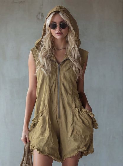Women's Retro Hooded Zip-Up Sleeveless Cropped Jumpsuit FitiqueFit