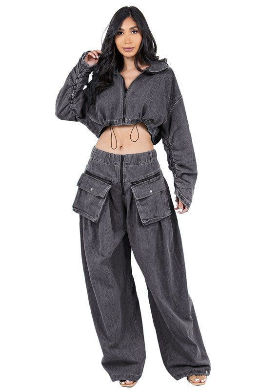 WOMEN FASHION DENIM TWO PIECE PANT SET BY CLAUDE
