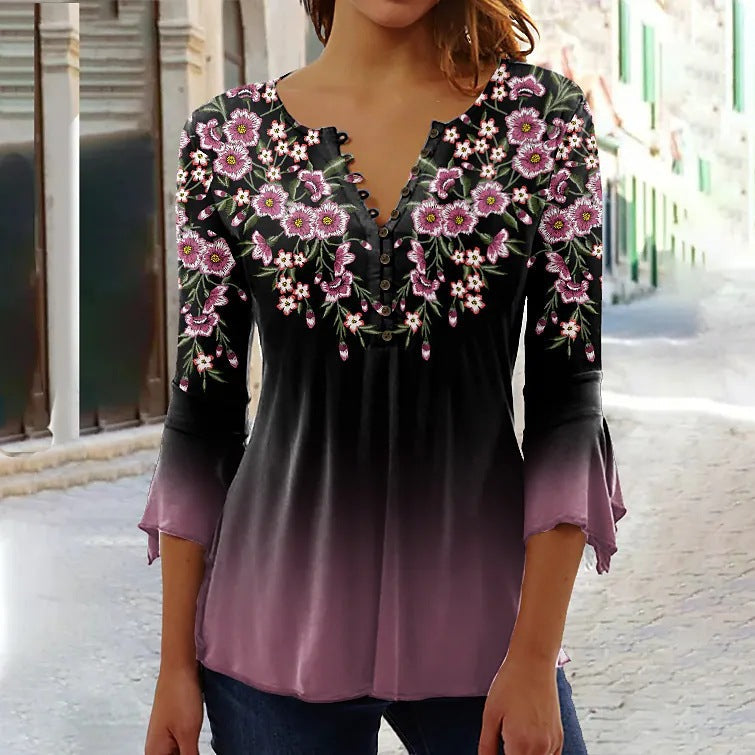 Women’s V-Neck 3/4 Sleeve Button-Front Tunic Blouse FitiqueFit