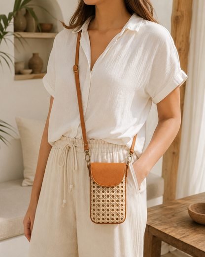 Nia Leather and Rattan Phone Sling Village Thrive