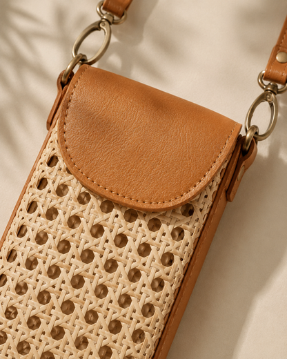 Nia Leather and Rattan Phone Sling Village Thrive