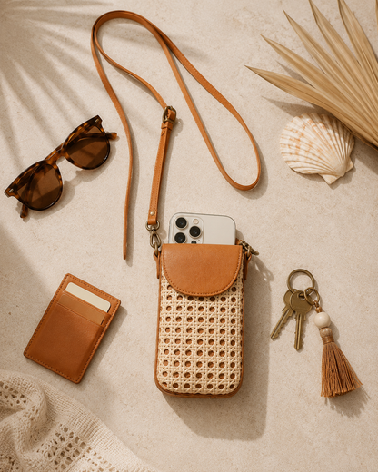 Nia Leather and Rattan Phone Sling Village Thrive