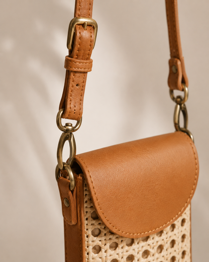 Nia Leather and Rattan Phone Sling Village Thrive