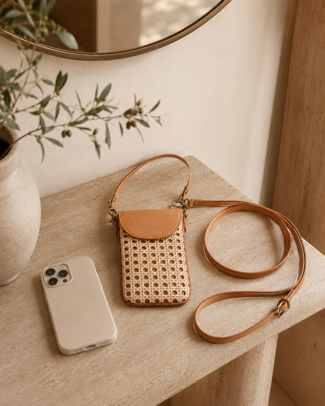 Nia Leather and Rattan Phone Sling Village Thrive