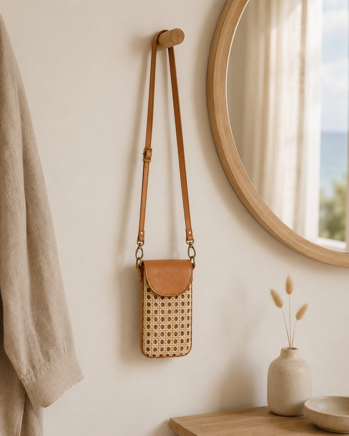 Nia Leather and Rattan Phone Sling Village Thrive