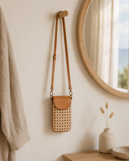 Nia Leather and Rattan Phone Sling Village Thrive