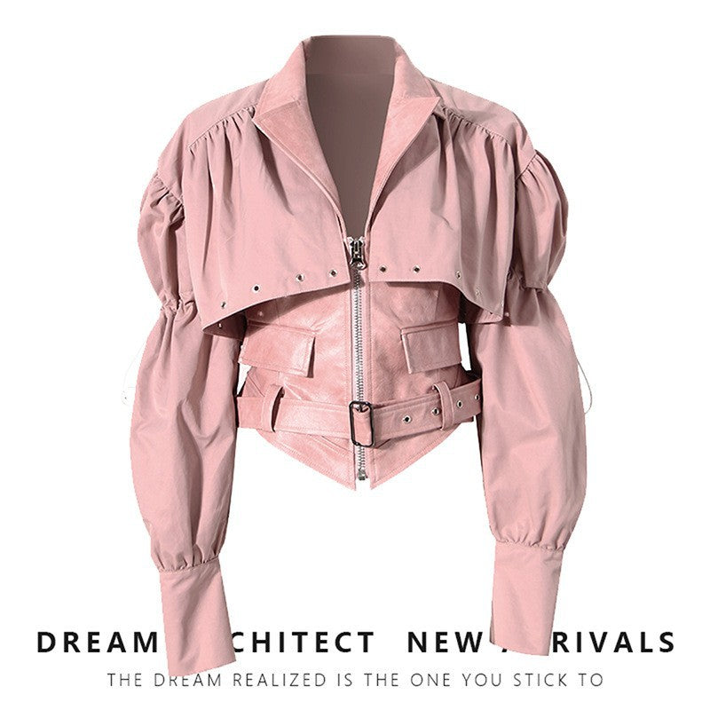 Niche Design Two-piece Coat Cape Stitching PU Handsome Waist-tight Jacket See size chart under “more details” The Fashion Celestial