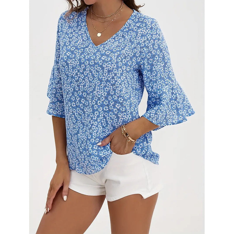 Womens Summer Floral Print Blouses V-Neck Flare Sleeve Tops FitiqueFit