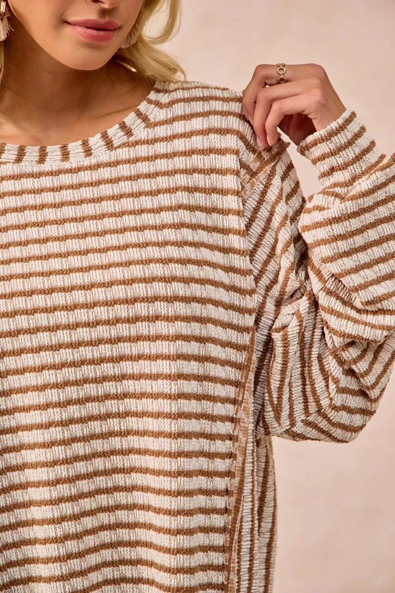 BiBi Open Seam Detail Textured Stripe Knit Top West2East Surf