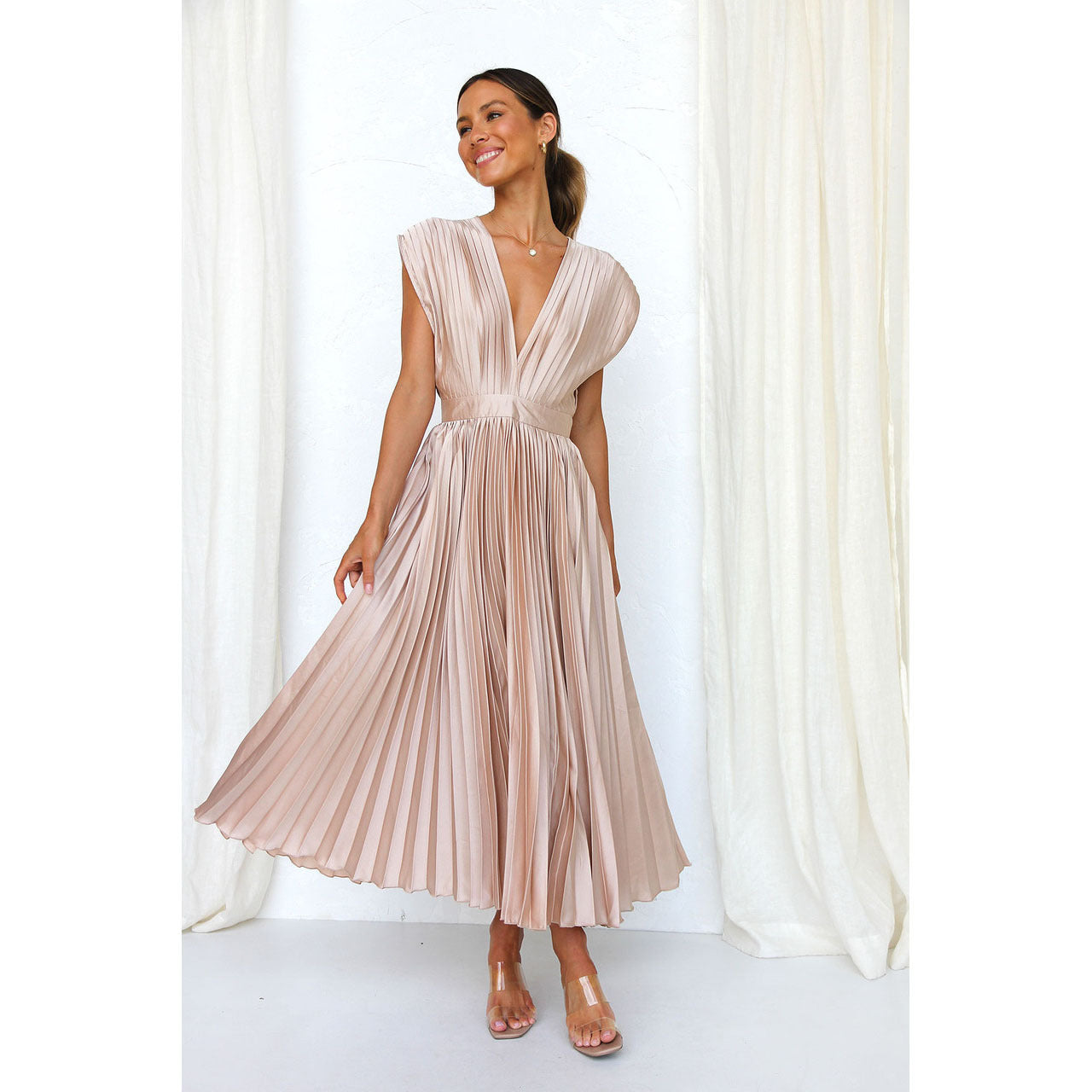 Elegant Pleated Casual Loose Zip Sleeveless Dress Grayceful LLC