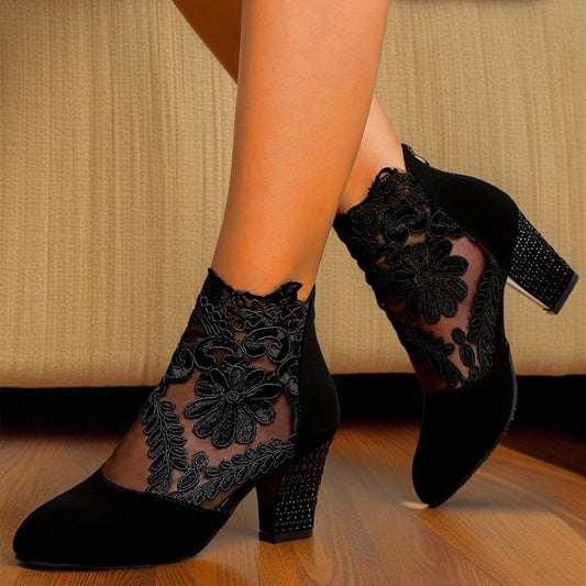 Lace-Embroidered Mesh Chunky-Heel Ankle Boots | Black & White EU 35–43 FitiqueFit