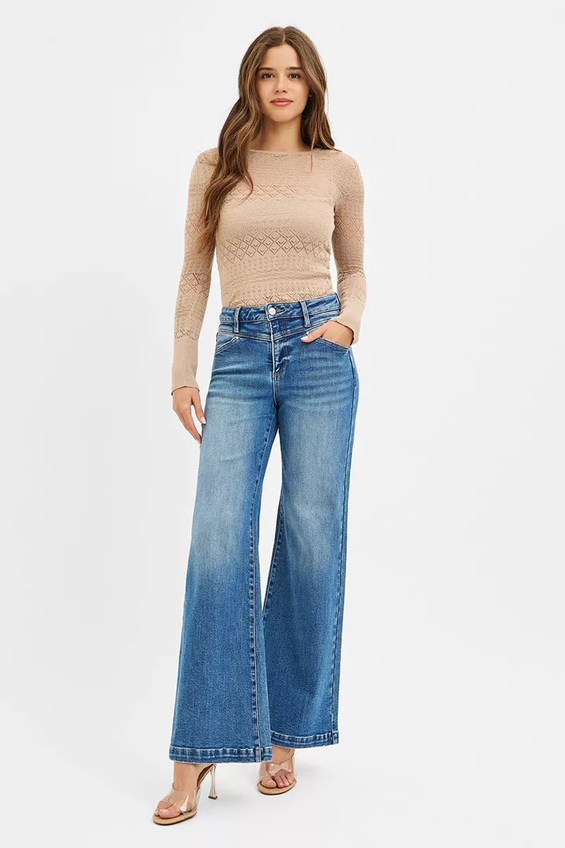 RISEN High Rise Wide Leg Jenas with Front Yoke and Heart Back Pocket West2East Surf