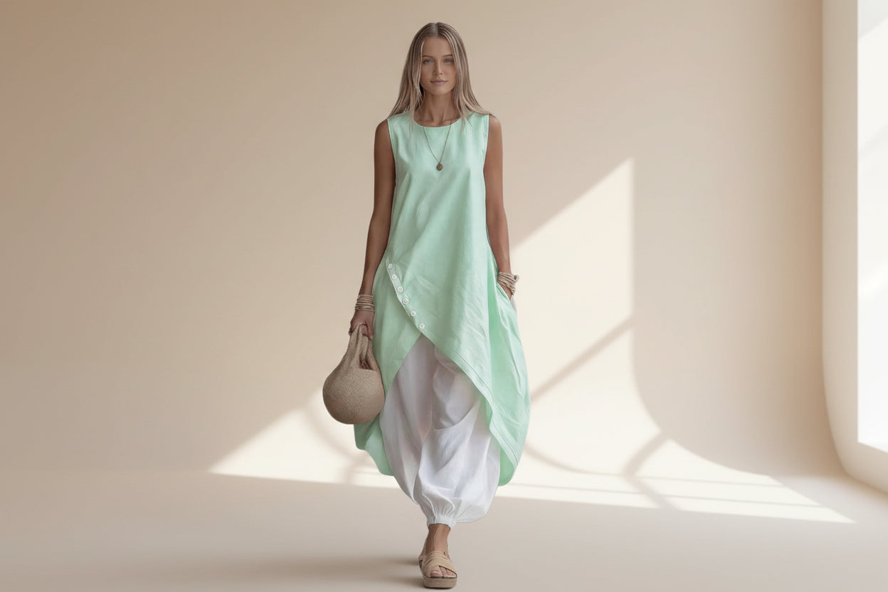 Solid-Color Sleeveless Loose-Fit Dress With Patch Pockets FitiqueFit
