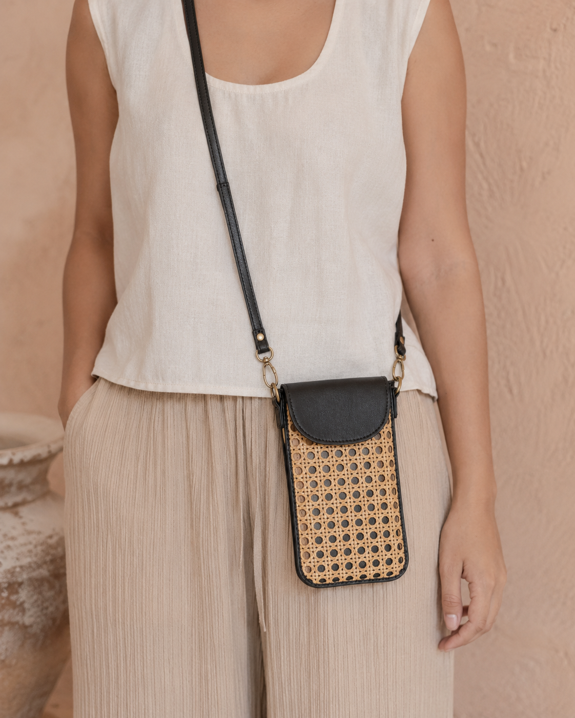 Nia Leather and Rattan Phone Sling Village Thrive