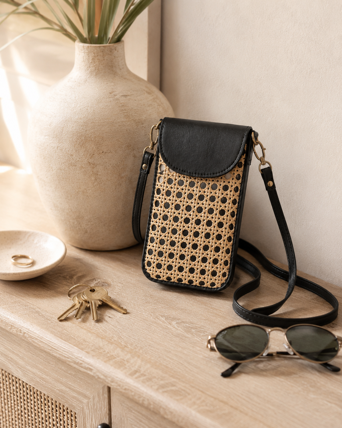 Nia Leather and Rattan Phone Sling Village Thrive