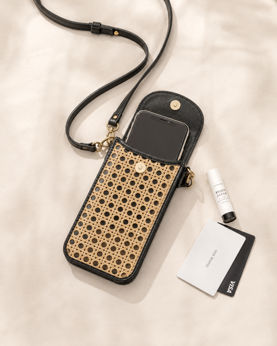 Nia Leather and Rattan Phone Sling Village Thrive