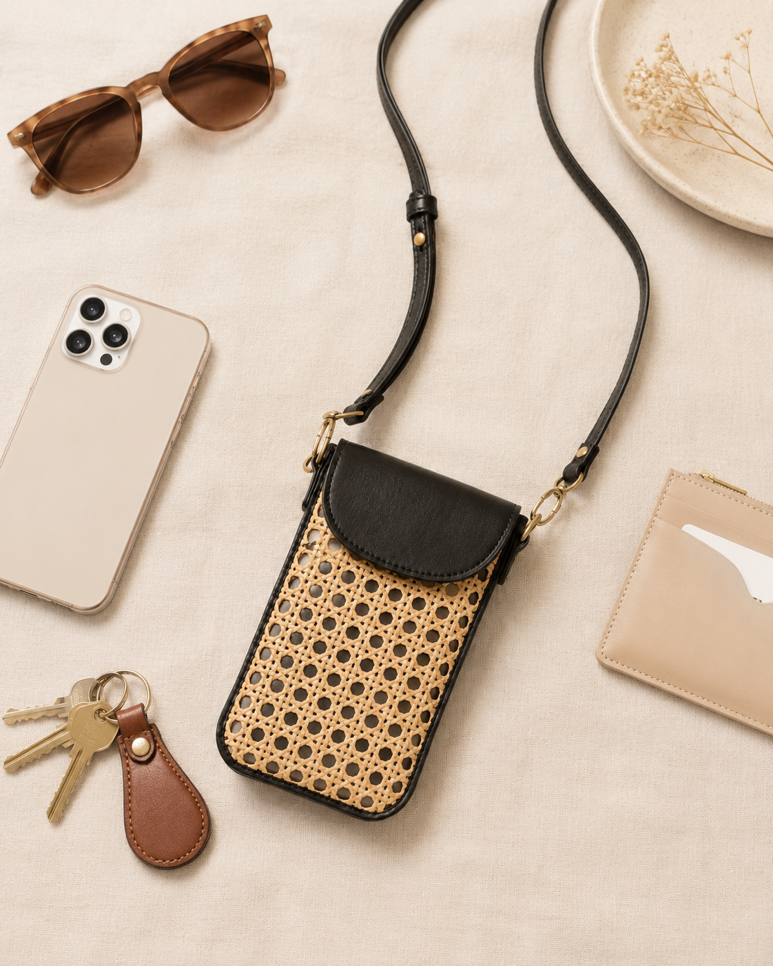 Nia Leather and Rattan Phone Sling Village Thrive