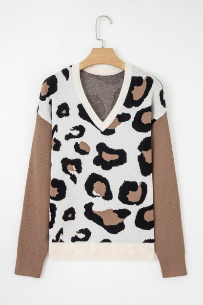 Leopard Colorblock Drop Shoulder V-Neck Sweater Shop Style & More | Fresh Looks, Everyday Deals & Free Shipping