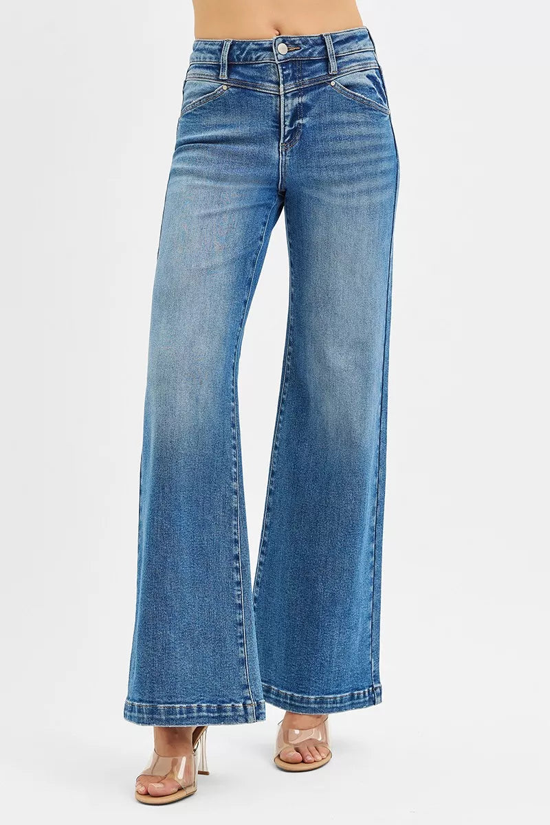 RISEN High Rise Wide Leg Jenas with Front Yoke and Heart Back Pocket West2East Surf