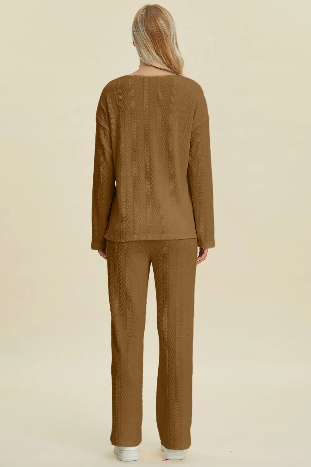 Double Take Full Size Cable-Knit Long Sleeve Top and Pants Set West2East Surf