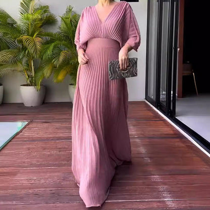 Women's Solid Color And V-neck Bat Sleeve High Waist Dress See size chart under “more details” The Fashion Celestial