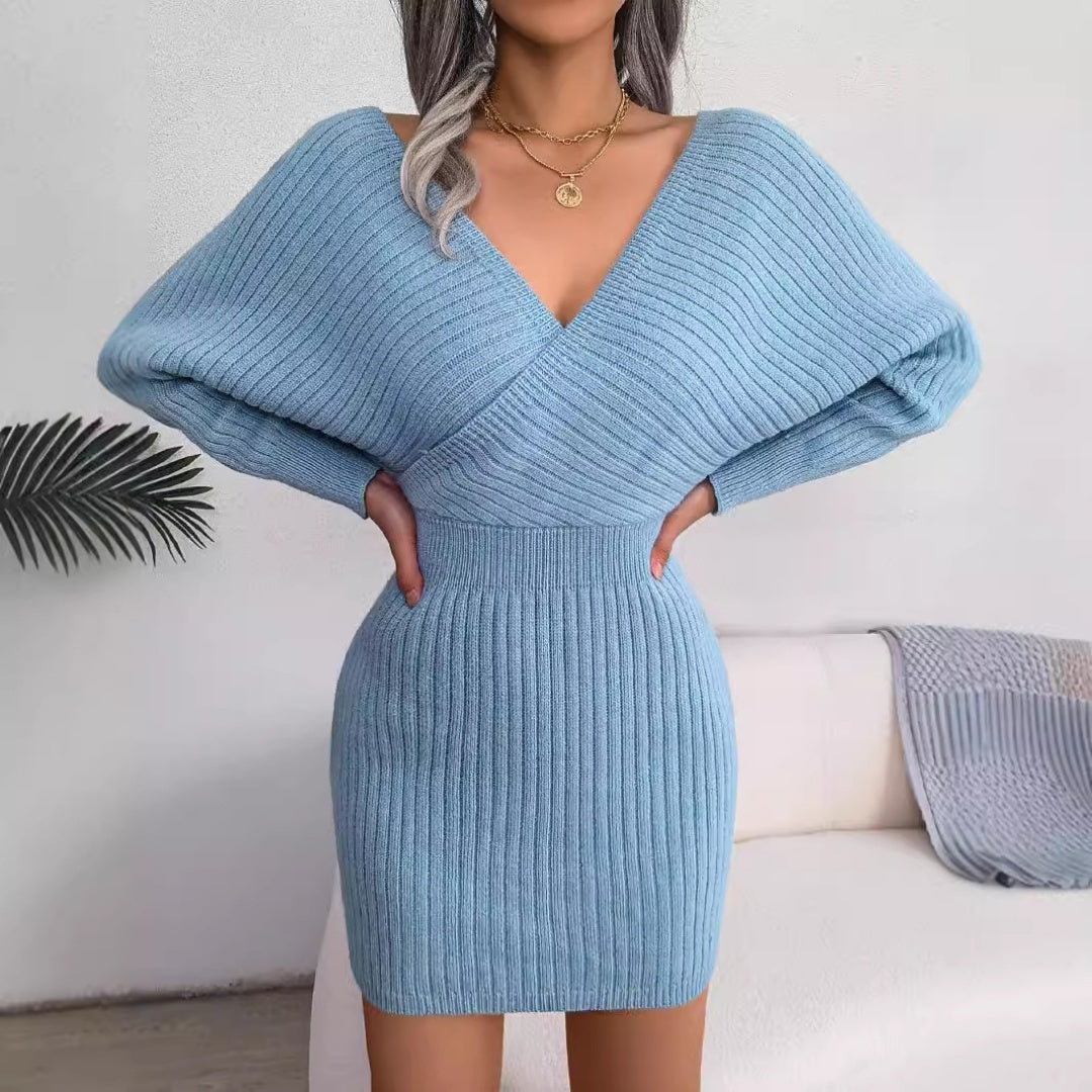 Cross V-Neck Bat-Sleeve Hairy Dress – Autumn/Winter FitiqueFit