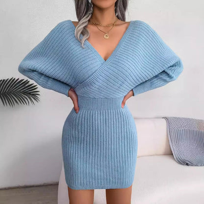 Cross V-Neck Bat-Sleeve Hairy Dress – Autumn/Winter FitiqueFit