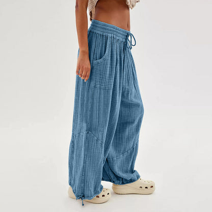 Women’s Solid Color Wide Leg Pants – Elastic Drawstring Waist and Side Pockets FitiqueFit