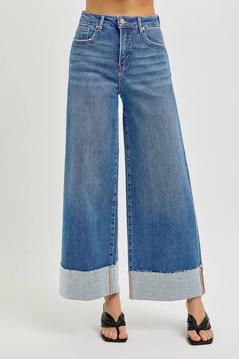 RISEN Full Size Tummy Control High Rise Crop Wide Cuffed Jeans Plus Size West2East Surf